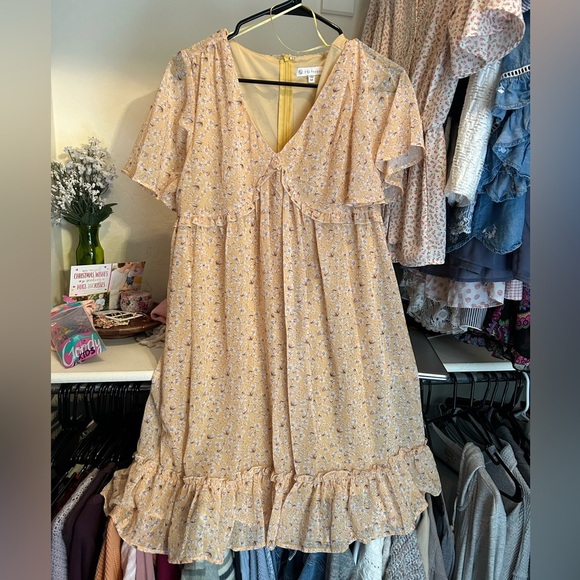 Pink Blush Yellow Ruffle Mini Dress Fully Lined Girly Cottagecore - Picture 3 of 3